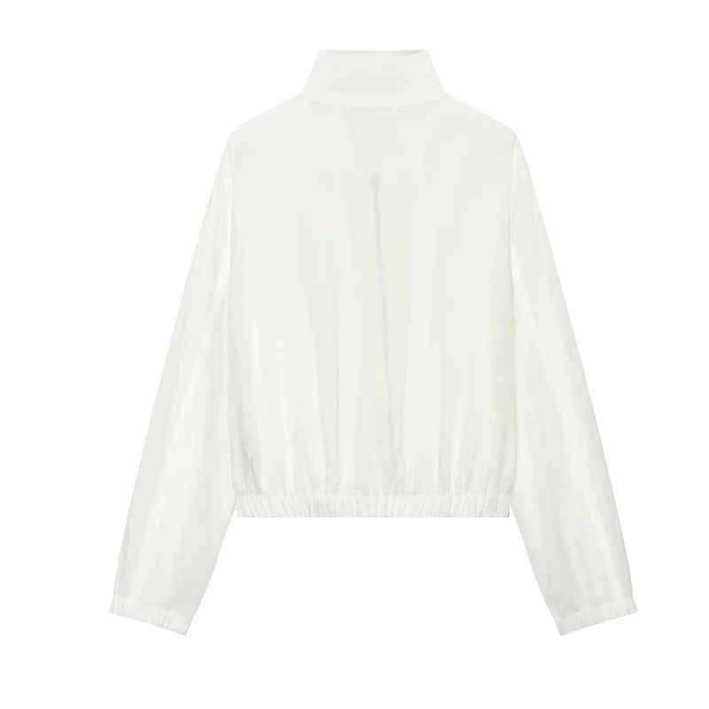 White women’s stand-collar zip-up jacket, back view, elastic hem and long sleeves
