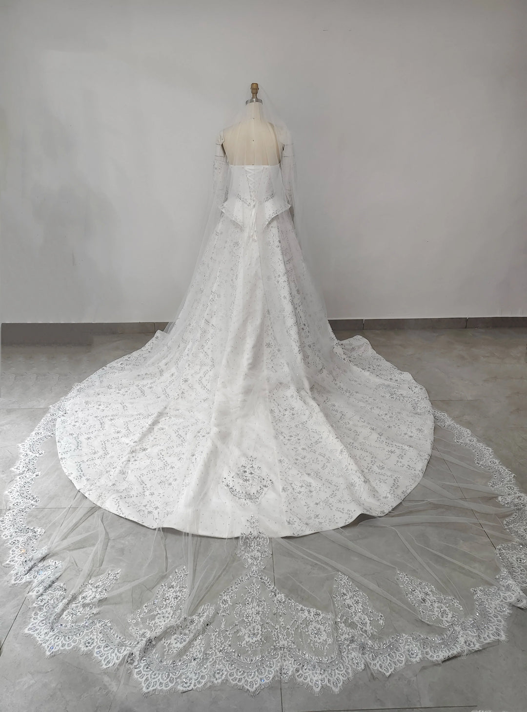 Sleek Beaded Tiered Chapel Train Bridal Couture