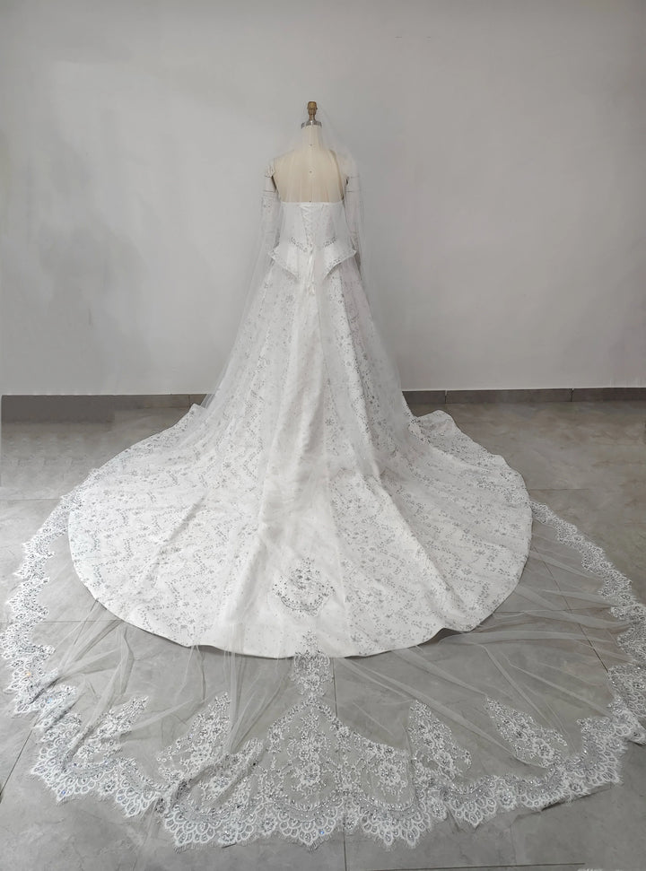 Sleek Beaded Tiered Chapel Train Bridal Couture