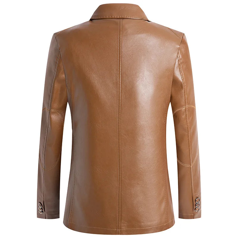 Tan-brown faux leather biker coat back view with center seam and fitted sleeves