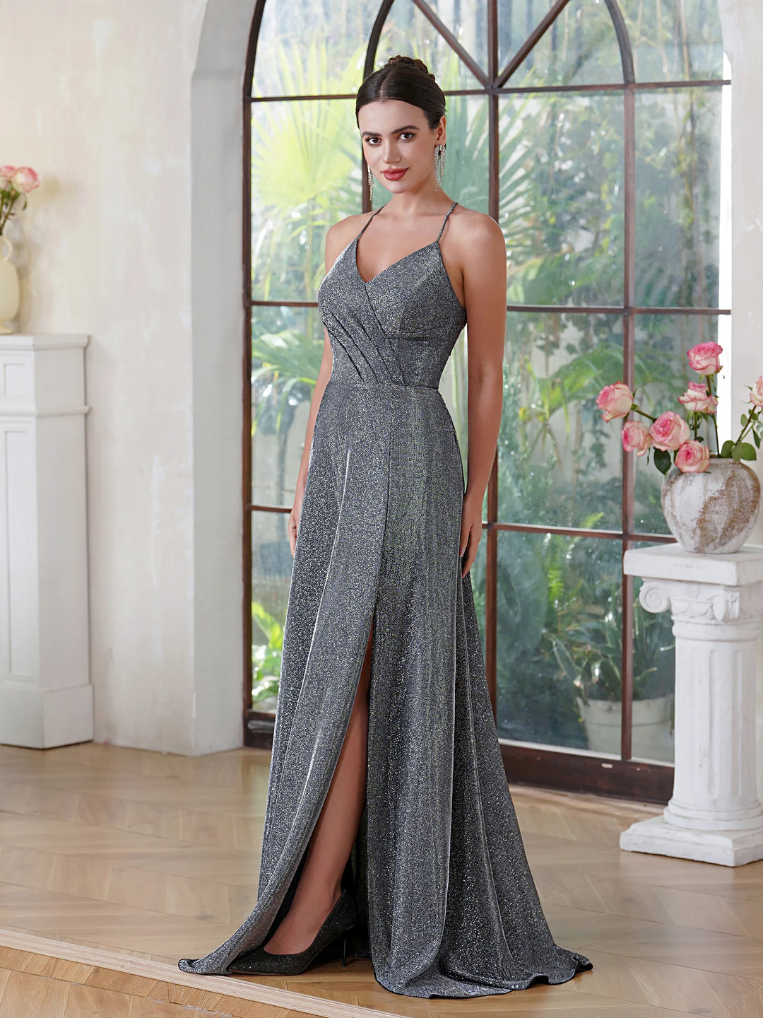 Glamorous Sparkle Spaghetti Strap Evening Dress