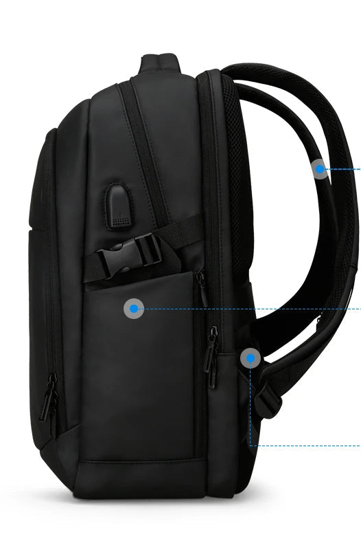 Black multi-layer women’s backpack with side zip pocket and anti-theft back pocket