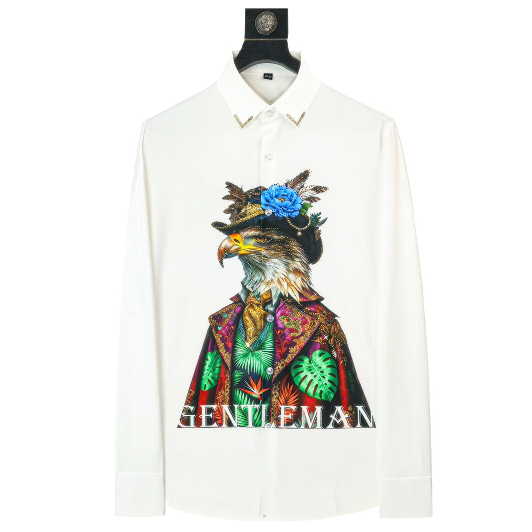 White men’s slim casual shirt with rhinestone-style bird portrait and gold text &