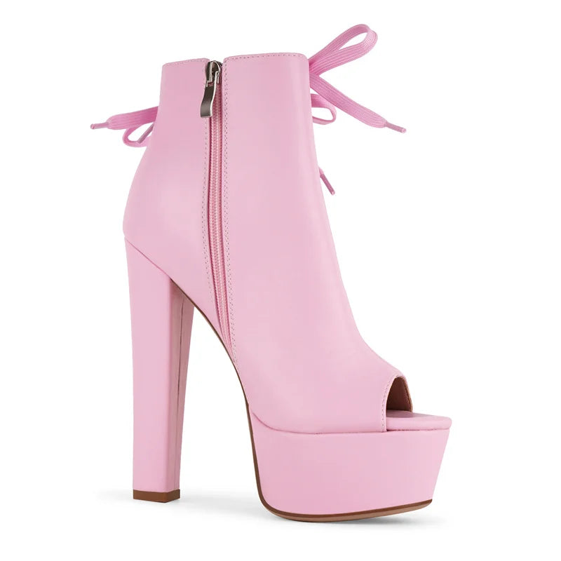 Pink peep-toe platform heels with side zipper, lace-up top, and high block heel