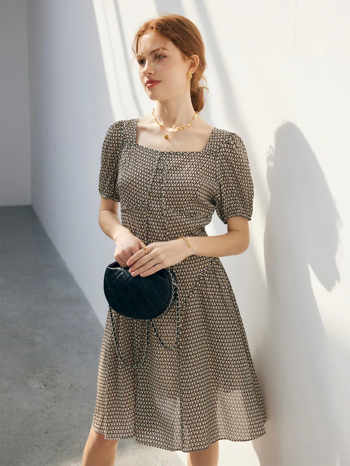 Crepe Square Collar Silk Mini Dress
