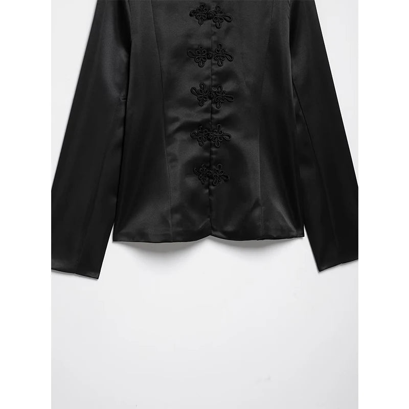Black satin stand-collar blazer front hem and long sleeves