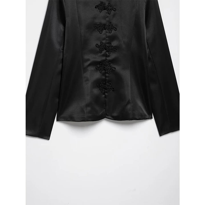 Black satin stand-collar blazer front hem and long sleeves