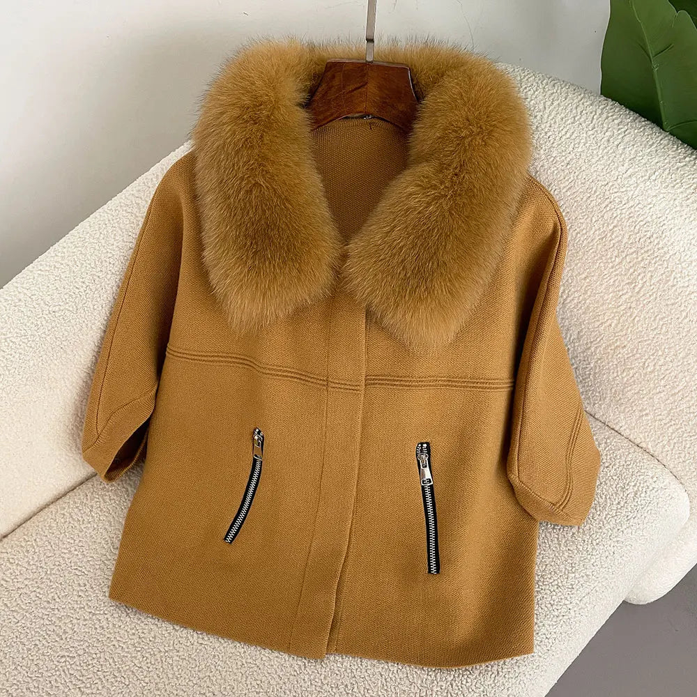 Luxury Fur Collar Knitted Coat