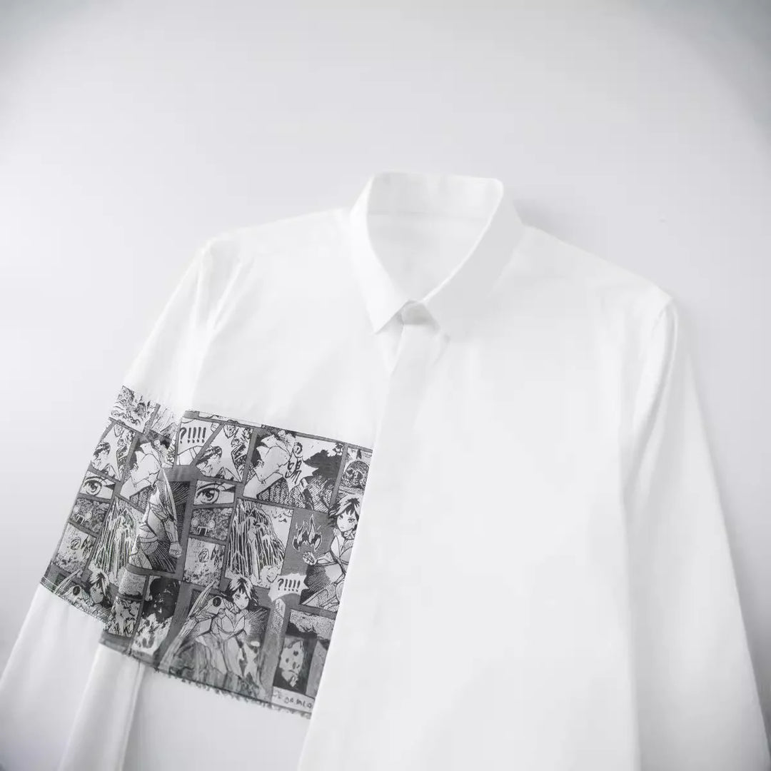 White men’s dress shirt with comic-style graphic stripe across the left chest