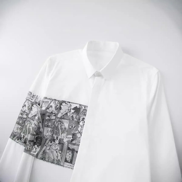White men’s dress shirt with comic-style graphic stripe across the left chest