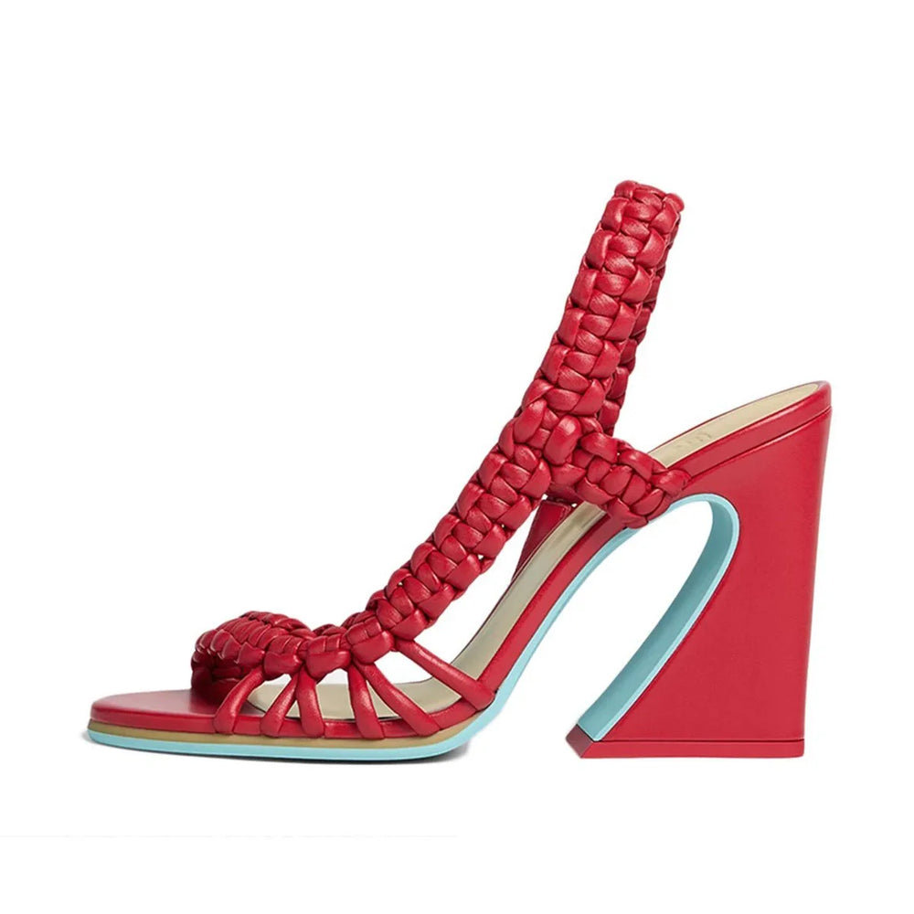 Women's red woven high heel mule sandals with open toe and block wedge