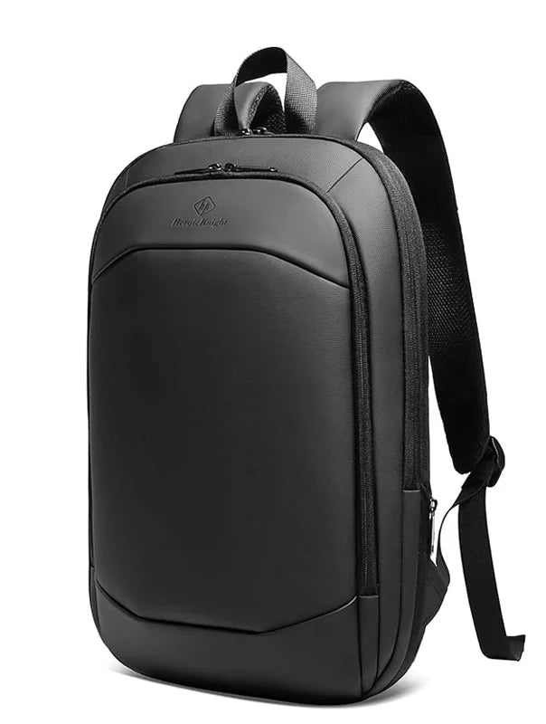 Black slim travel backpack with padded straps and top handle, front zip pocket