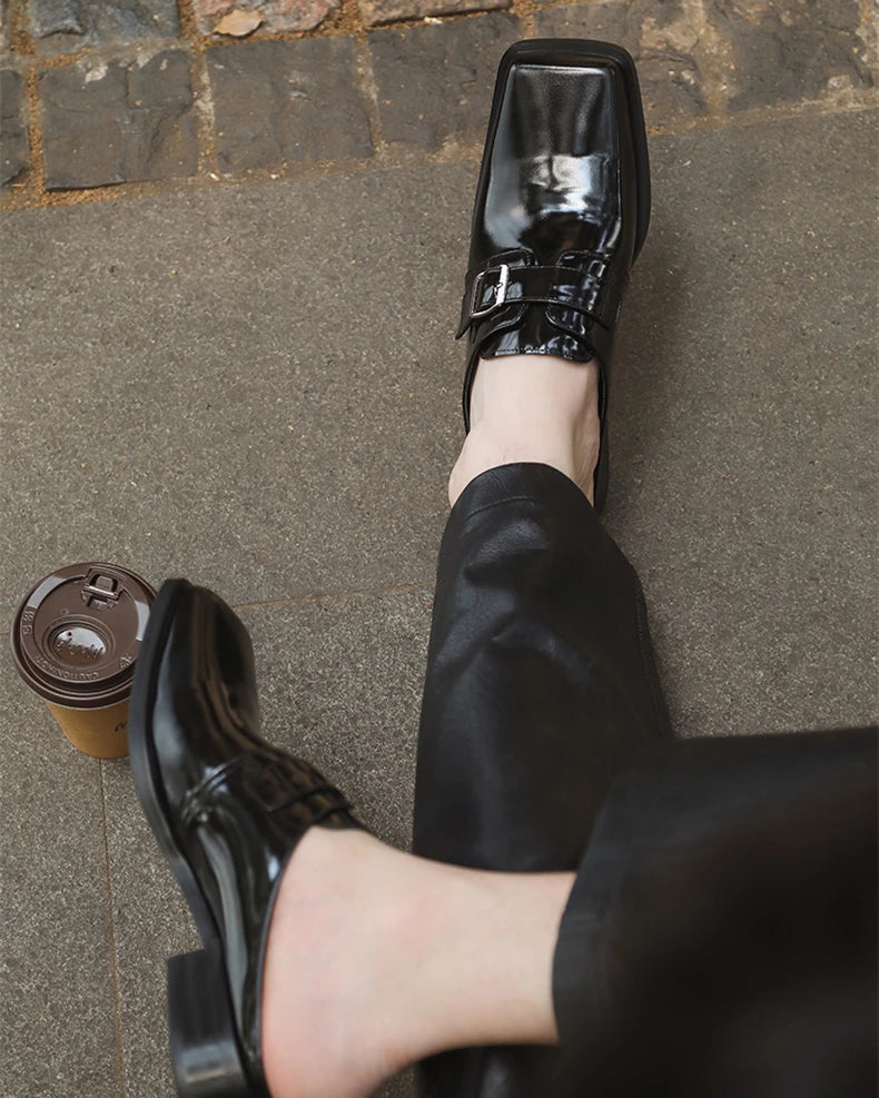Shining Leather Square Toe Mules