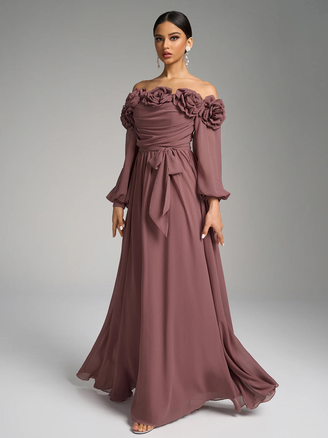 Floral Decor Off-the-shoulder Evening Dress