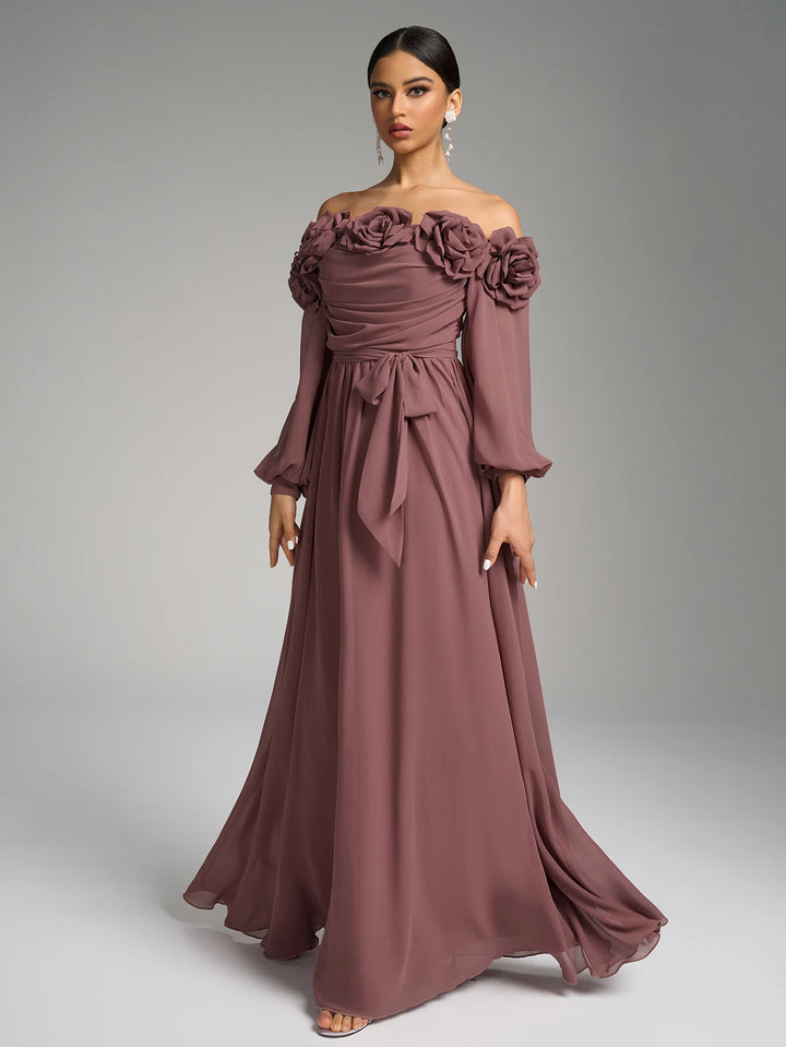 Floral Decor Off-the-shoulder Evening Dress