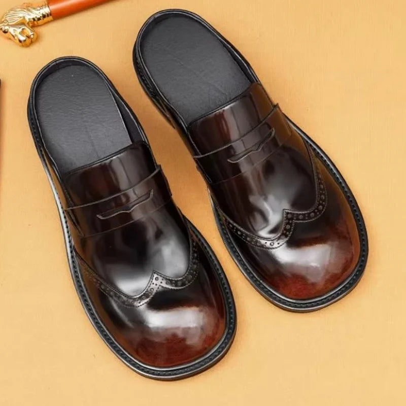 Brown and dark leather men’s slip-on mules with metal-like patent finish