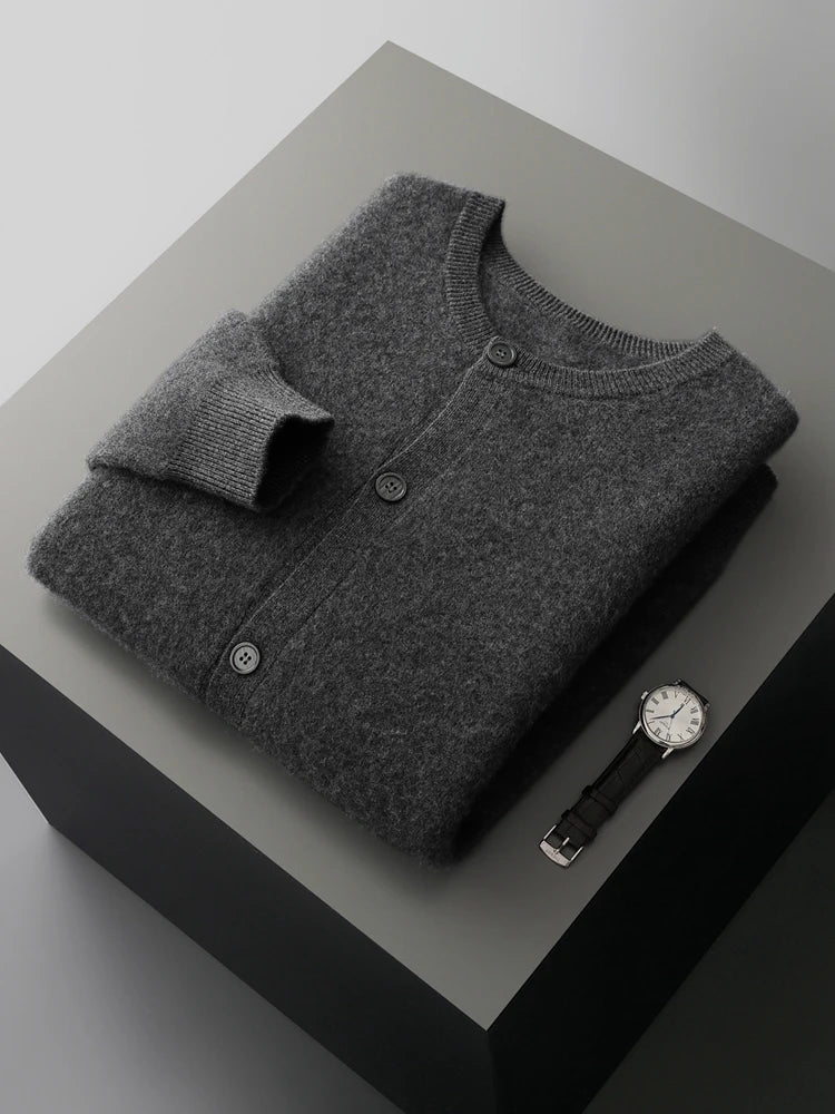 Men’s wool knit two-piece outfit in dark grey, button-front sweater and pants