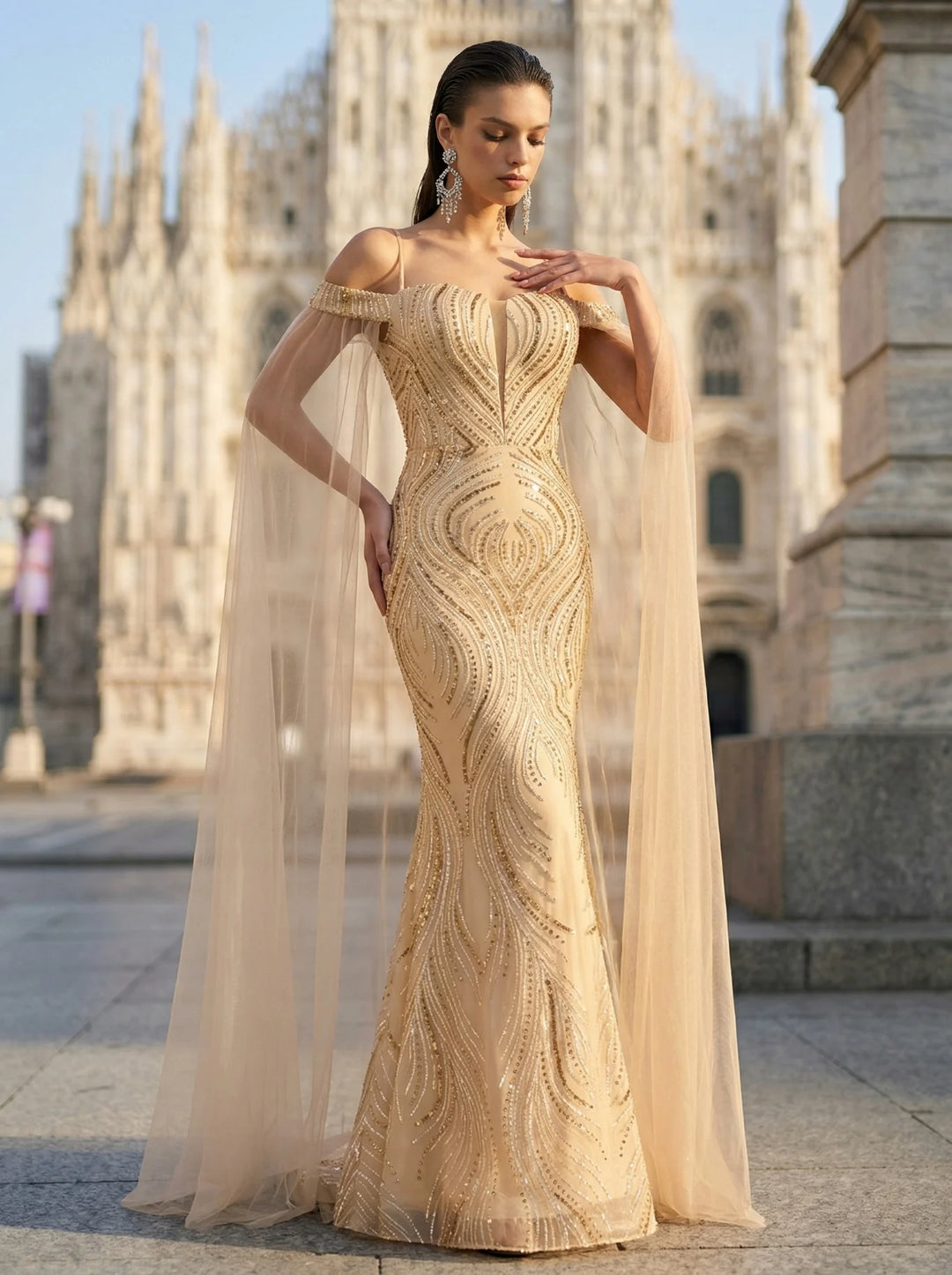 Glamorous Sheer Cape Prom Dress