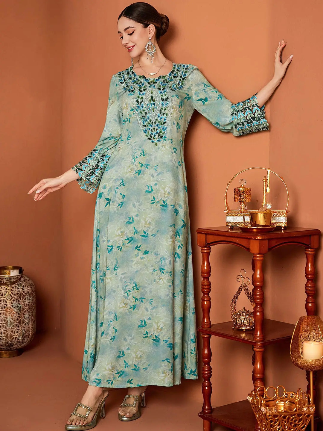 Classic Floral Print Arab Abaya Dress