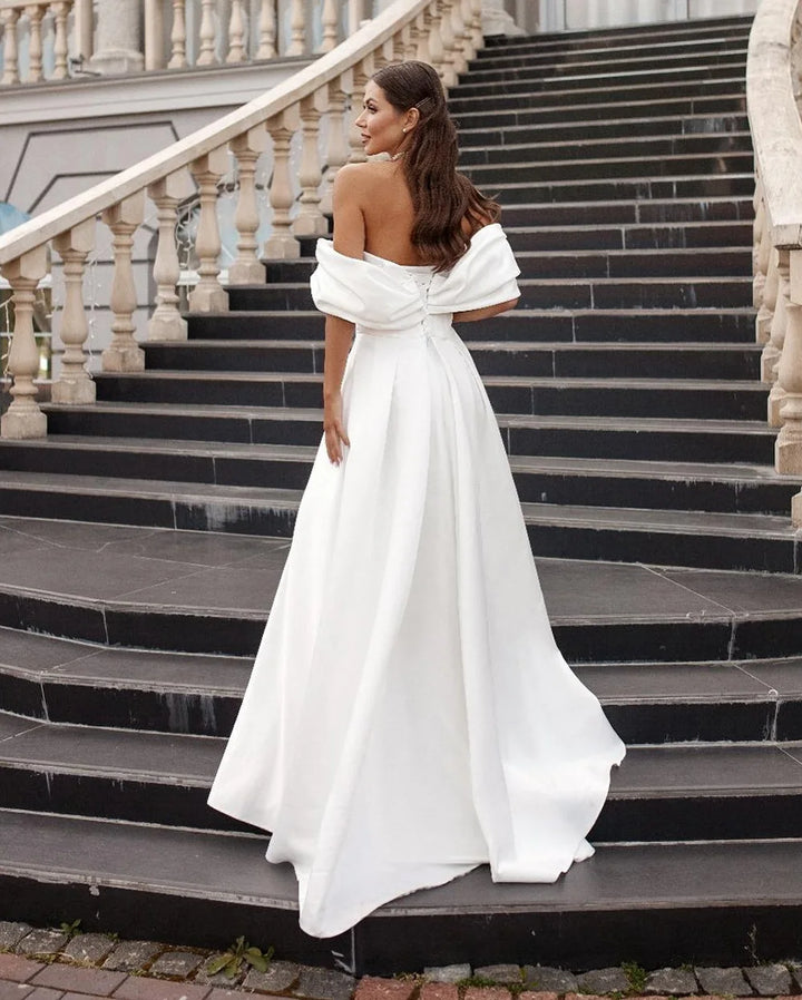 Sleek Pleated High Slit Bridal Gown