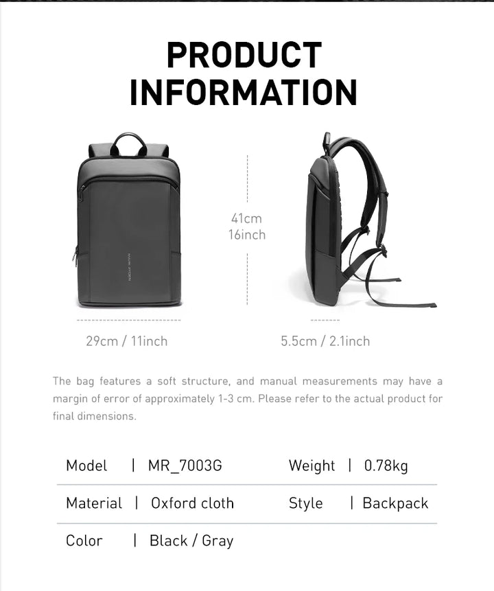 Ultra-light backpack shown front and side, black/gray colorway with front zipper