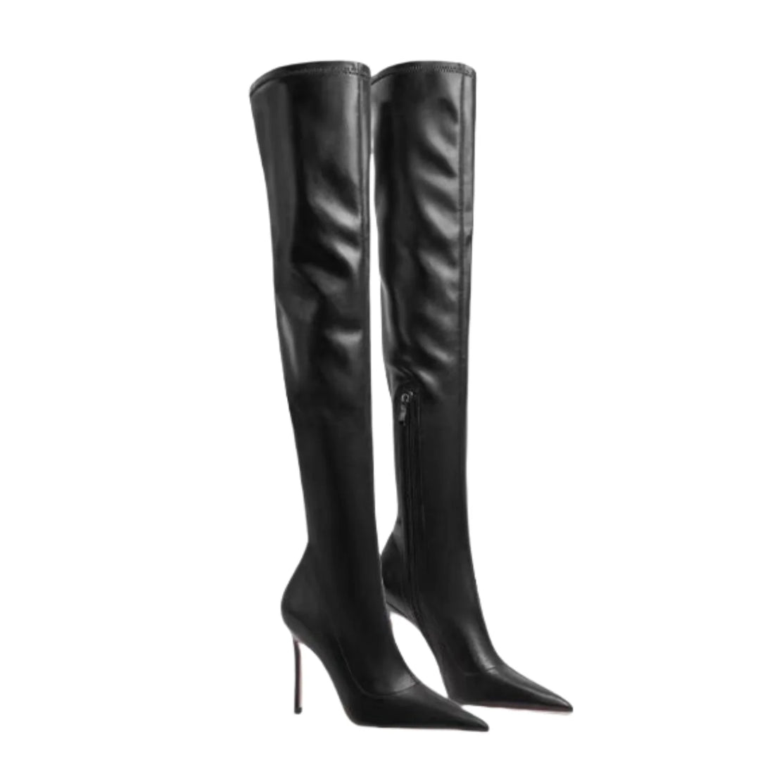 Black pointed-toe tall boots with stiletto heels and side zip detail