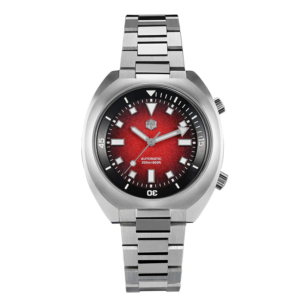 Automatic wristwatch with steel link bracelet and red gradient dial