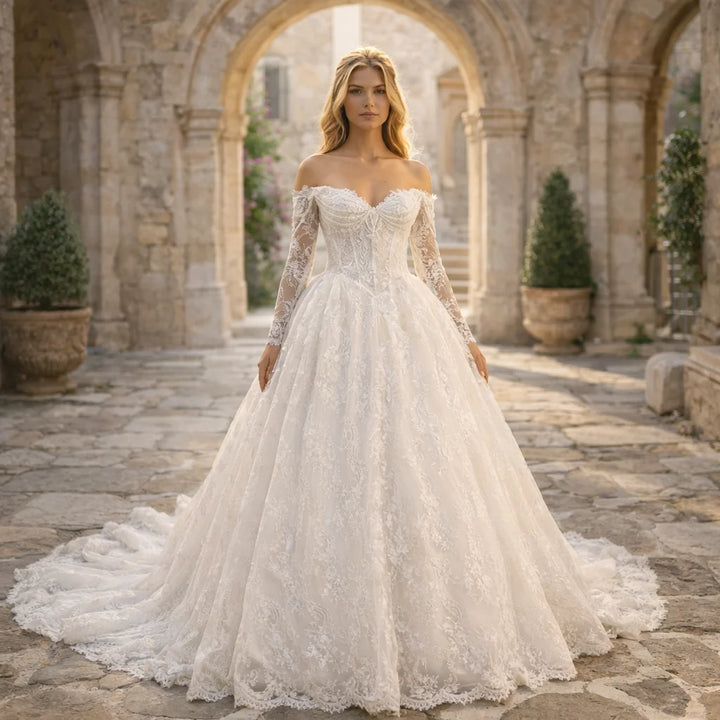 Show-stopping Sweet Off Shoulder Bridal Ball Gown