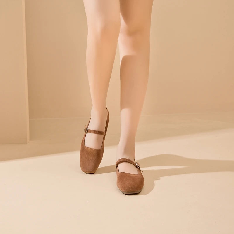 Brown suede Mary Jane-style flat shoes with side buckle strap