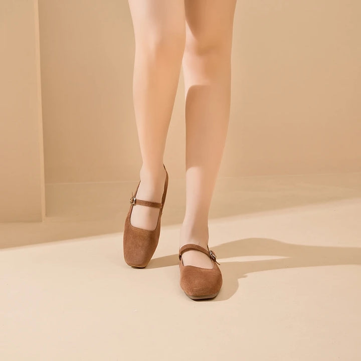 Brown suede Mary Jane-style flat shoes with side buckle strap