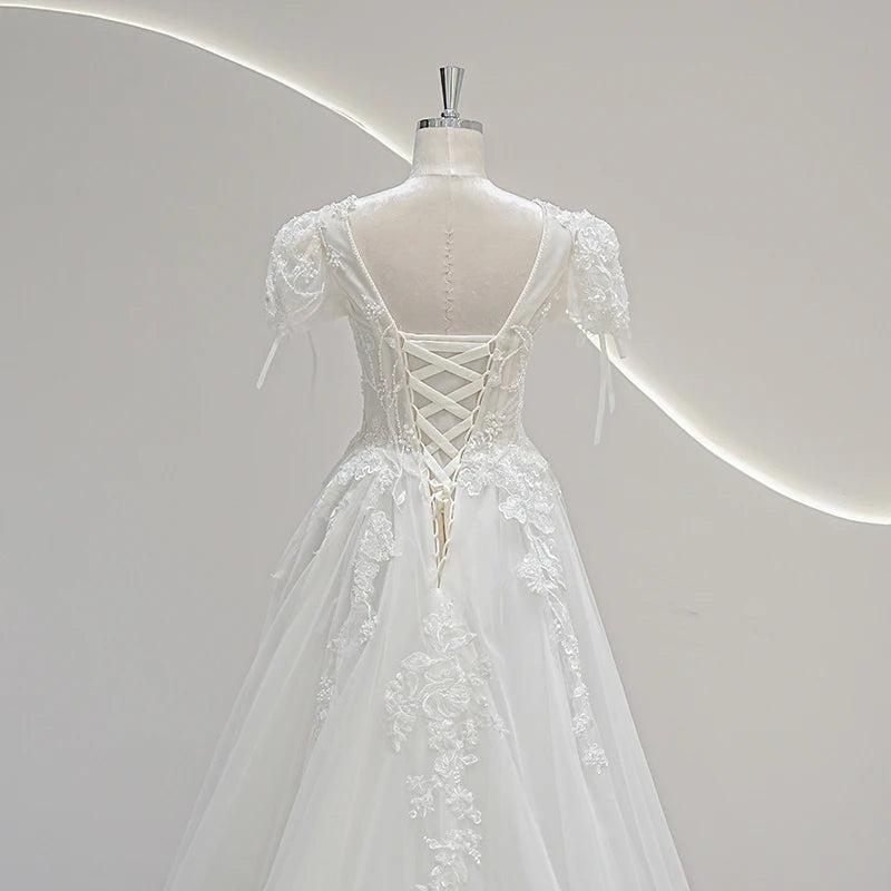 V-Neck Puff Sleeve Crystal Wedding Dress