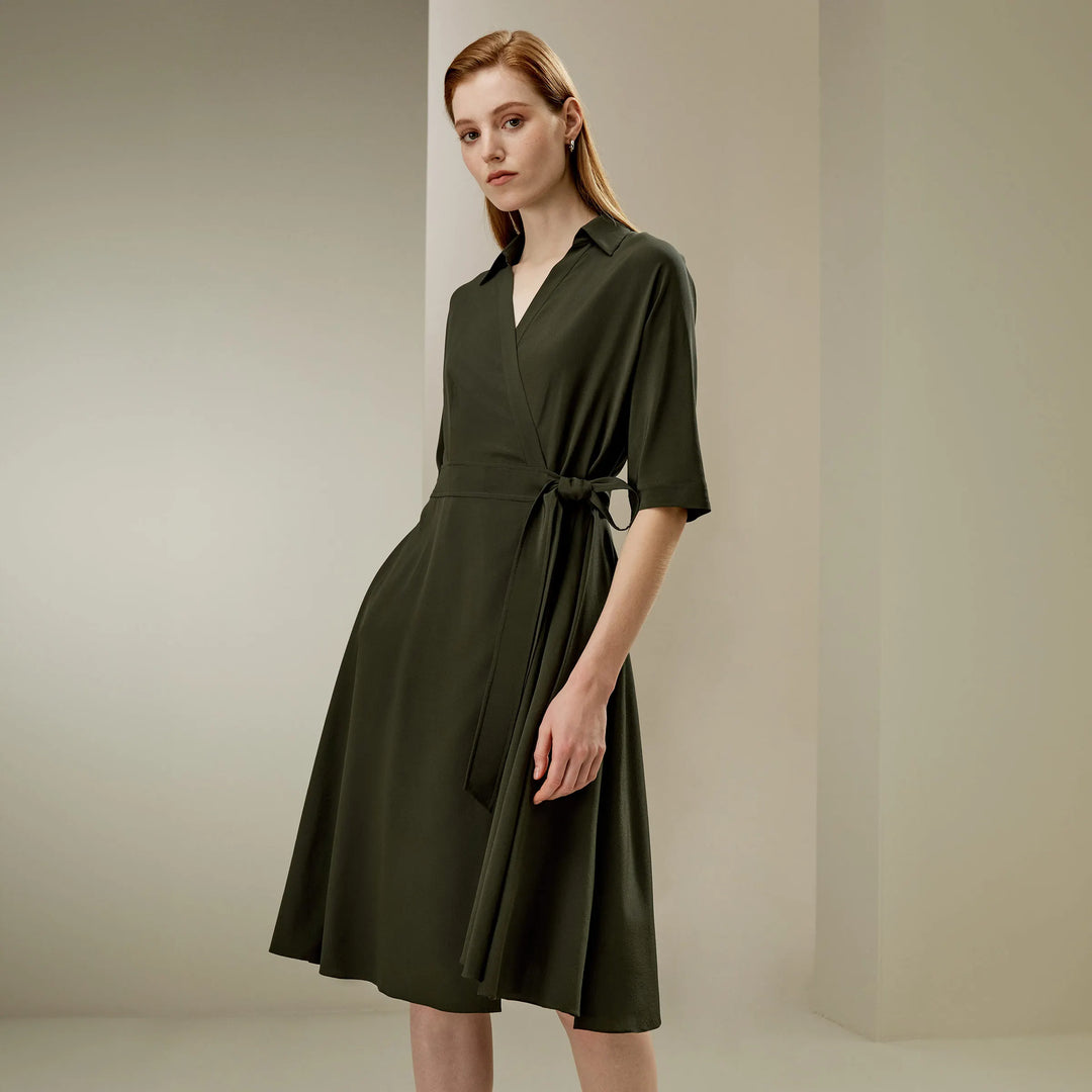 Relaxed Half-sleeves Front Tie Silk Wrap Dress