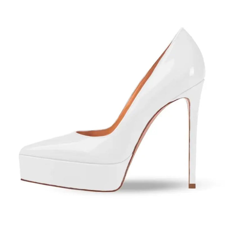White patent leather platform heel pumps with pointed toe and tall stiletto heel