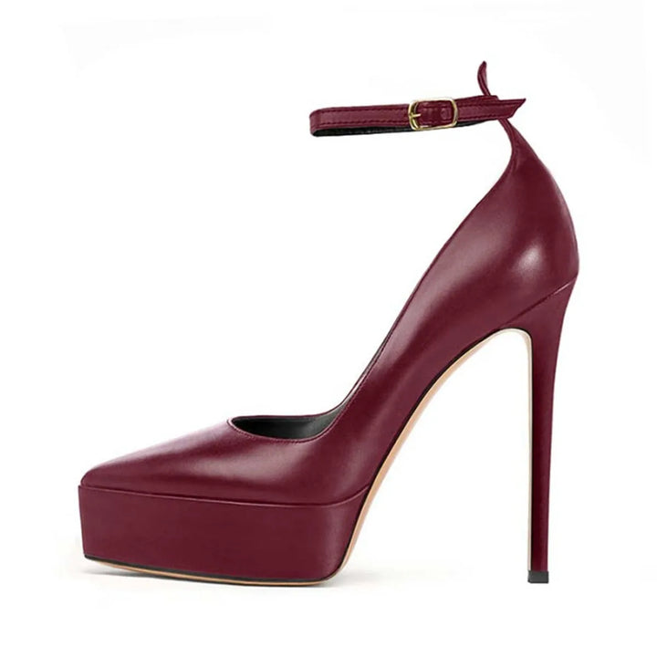 Burgundy high heel pumps with ankle buckle strap and tall stiletto heel