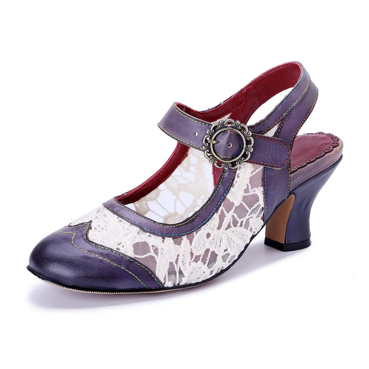 Women’s T-strap heel sandals, front view, purple-gray and white snake print with round buckle