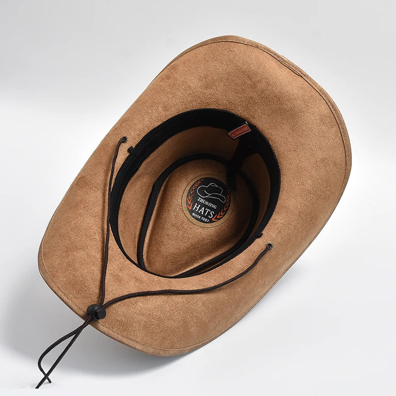 Tan wide-brim hat with black inner band, stitched brim, and logo badge