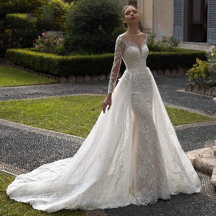 Regal Detachable Train Bridal Lace Gown