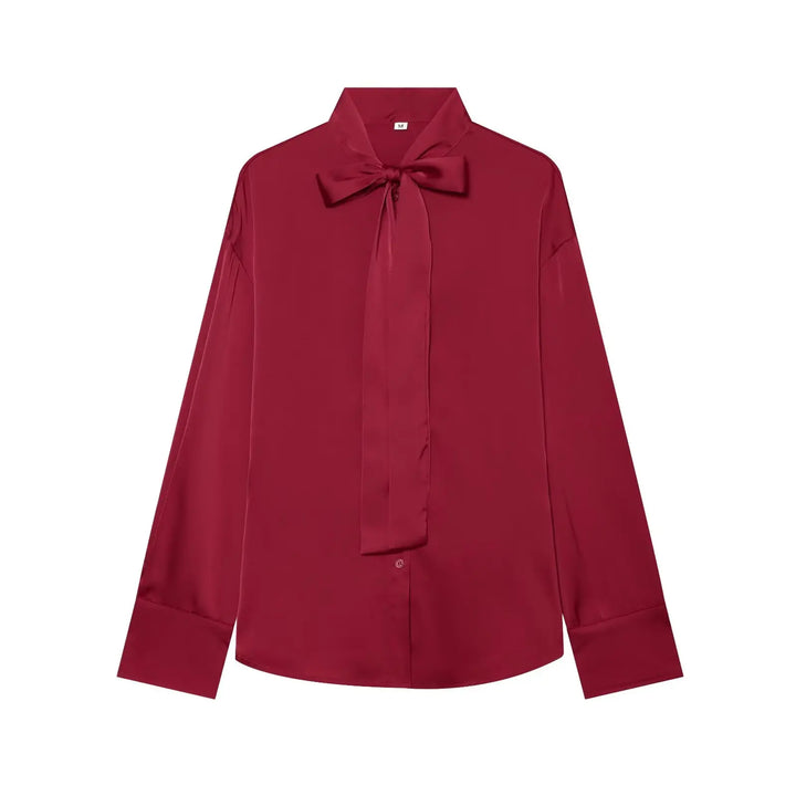 Red satin blouse with bow tie neck and long sleeves