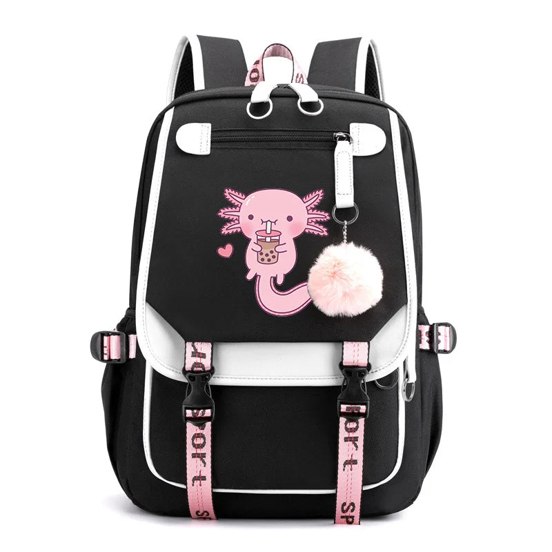 Black backpack with pink cartoon graphic, white trim, and pink pom-pom charm