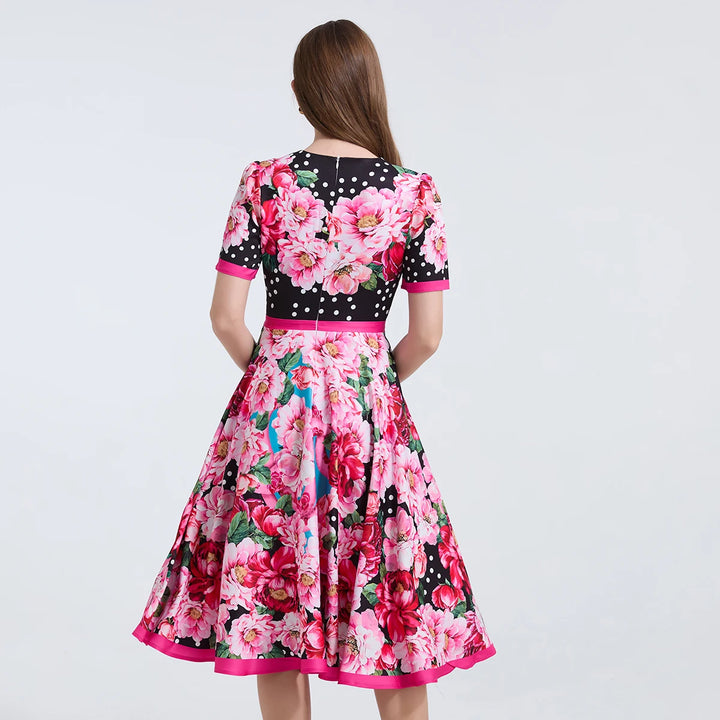Elegant Short Sleeve Floral Mid Dress