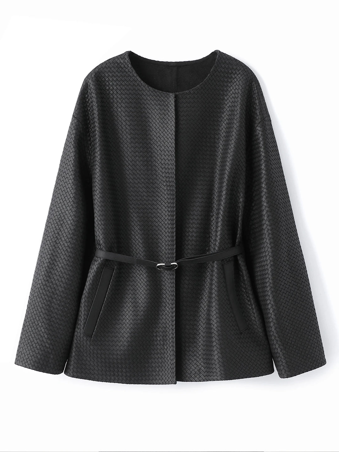 Black woven leather-look belted jacket with long sleeves and buckle waist belt
