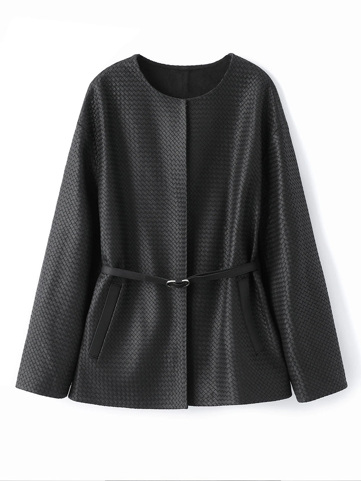 Black woven leather-look belted jacket with long sleeves and buckle waist belt