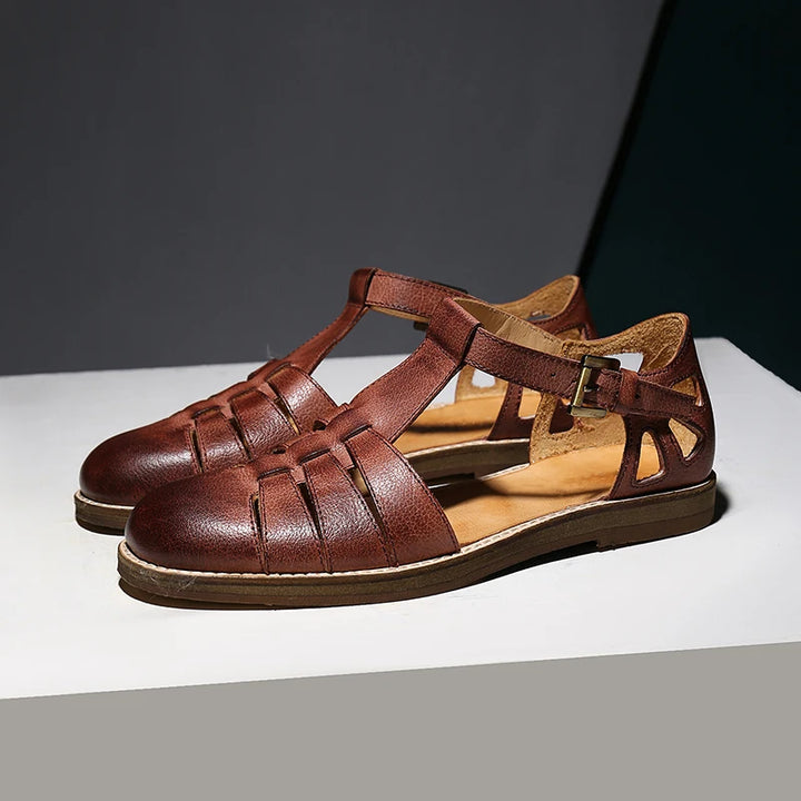 Round-toe Oil Slick Leather Sandals