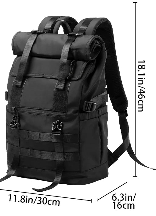 Black roll-top travel rucksack, holds 15.6in laptop, EVA backplane luggage fixing