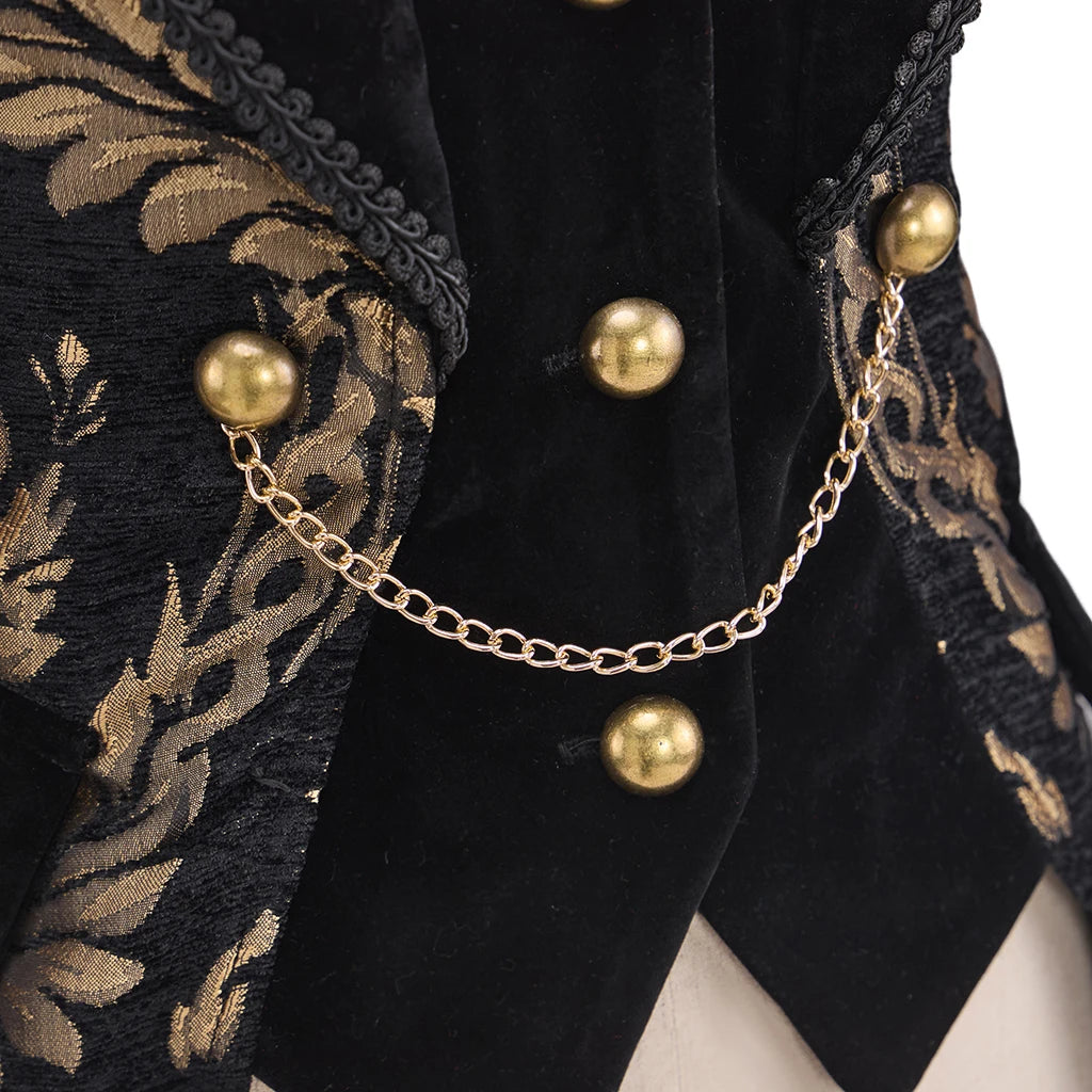 Tailcoat bodice detail, black velvet with gold baroque fabric and chain drop ornaments