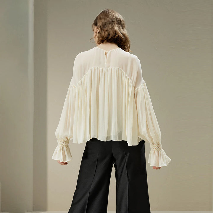 Silk Pleated A-Line Flounce Blouse