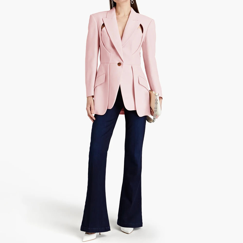 Pink slim blazer with flap pockets and single-breasted button front