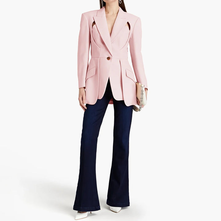 Pink slim blazer with flap pockets and single-breasted button front