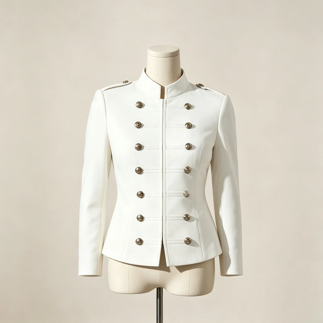 Women’s cropped military jacket in white with stand collar and gold double-breasted buttons