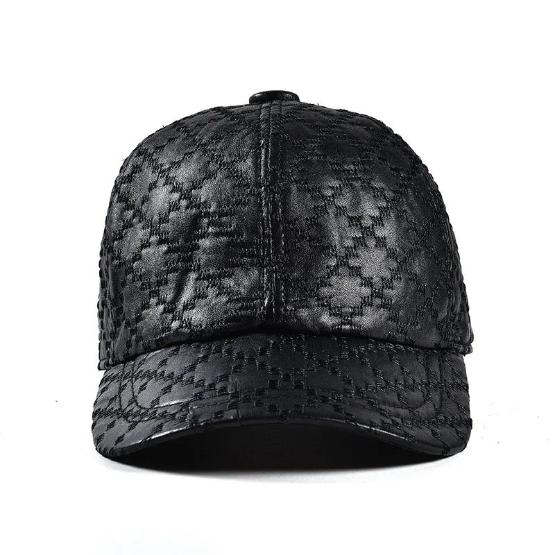 Black men’s cap with curved brim, vertical center seam, and snap button on top